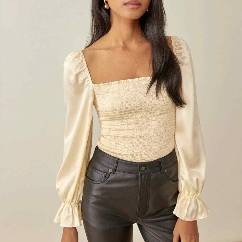 Reformation | Chamomile 100% Silk Smocked Satin Long Sleeve Top in Custard